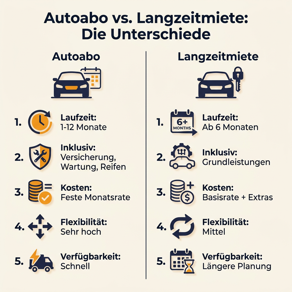 Infografik Vergleich Autoabo und Langzeitmiete: Laufzeiten, Inklusivleistungen, Kosten, Flexibilität, Verfügbarkeit im Überblick.
