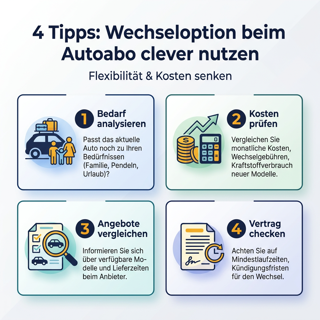 Infografik: '4 Tipps: Wechseloption beim Autoabo clever nutzen' mit Ratschlägen zu Bedarfsanalyse, Kostenprüfung, Angebotsvergleich und Vertragscheck für maximale Flexibilität und Kostenersparnis.
