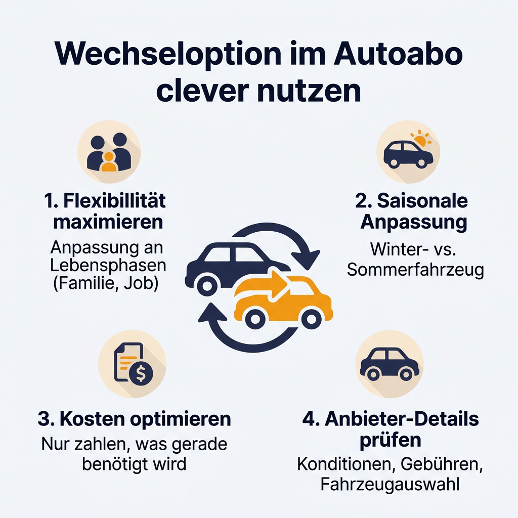 Infografik: Wechseloption im Autoabo clever nutzen mit Tipps zu Flexibilität, saisonaler Anpassung, Kostenoptimierung und Anbieter-Details.