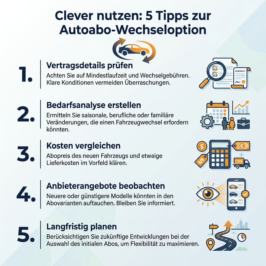 Infografik mit 5 Tipps zur cleveren Nutzung der Wechseloption beim Autoabo, inklusive Prüfung der Vertragsdetails und Bedarfsanalyse.