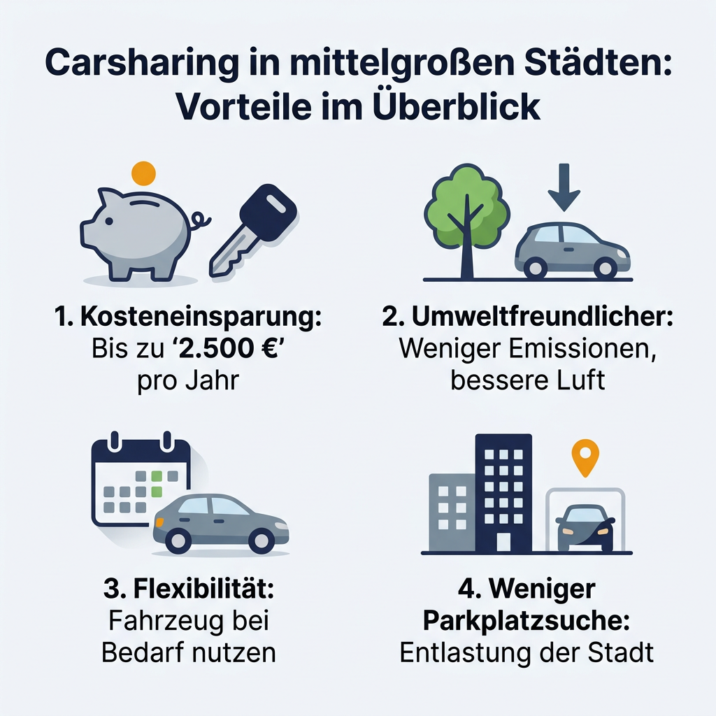 Infografik über die Vorteile von Carsharing in mittelgroßen Städten, inklusive Kosteneinsparung, Umweltfreundlichkeit und Flexibilität.