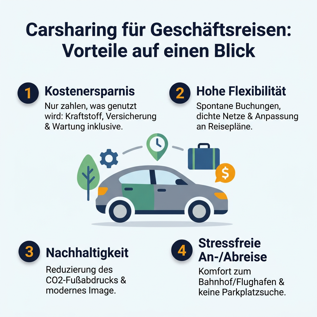 Infografik: Die Vorteile von Carsharing für Geschäftsreisen, inklusive Kostenersparnis, Flexibilität, Nachhaltigkeit und stressfreier Anreise.