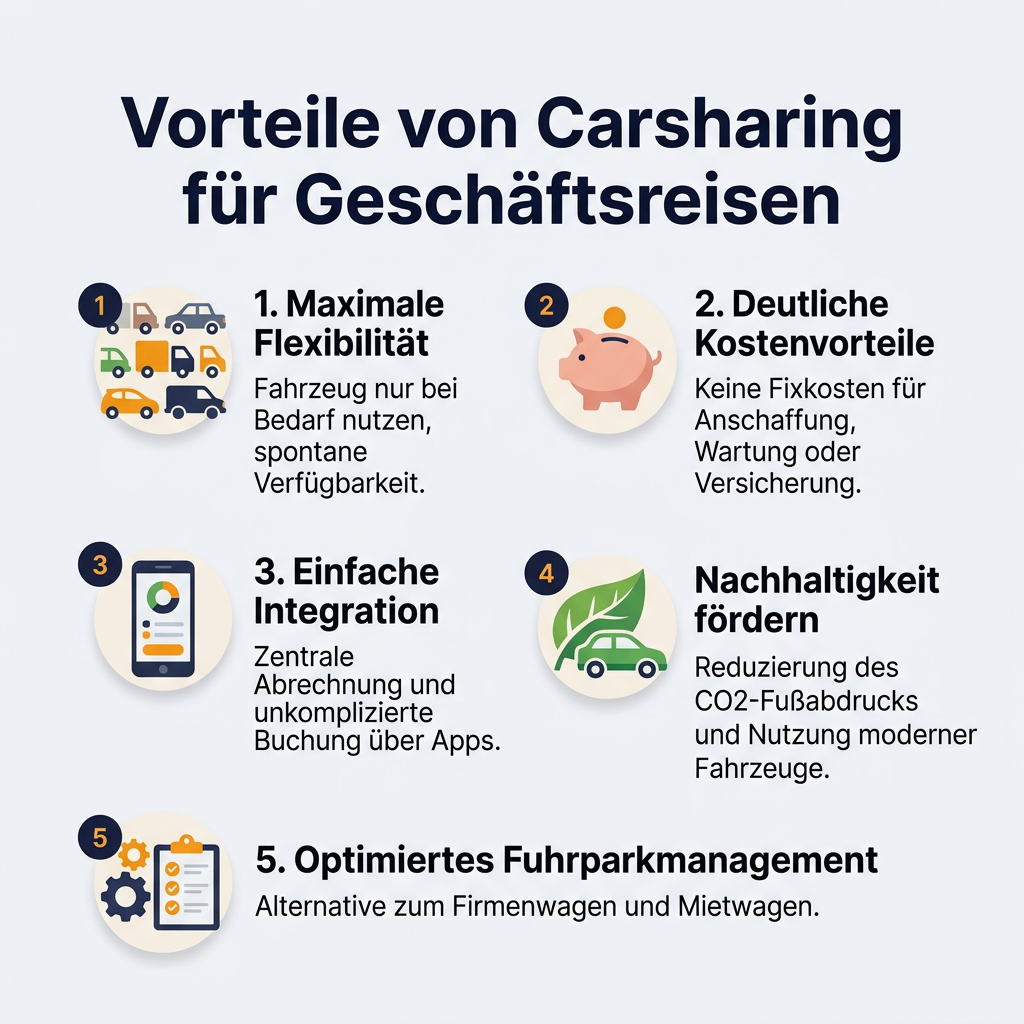 Infografik: Die Top 5 Vorteile von Carsharing für Geschäftsreisen, darunter Flexibilität, Kostenvorteile, einfache Integration, Nachhaltigkeit und optimiertes Fuhrparkmanagement.