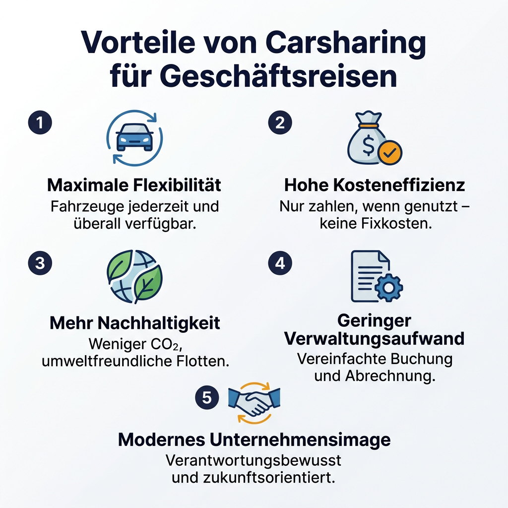 Vorteile von Carsharing für Geschäftsreisen Infografik: Vorteile von Carsharing für Geschäftsreisen, darunter Flexibilität, Kosteneffizienz, Nachhaltigkeit, geringer Verwaltungsaufwand und modernes Unternehmensimage.
