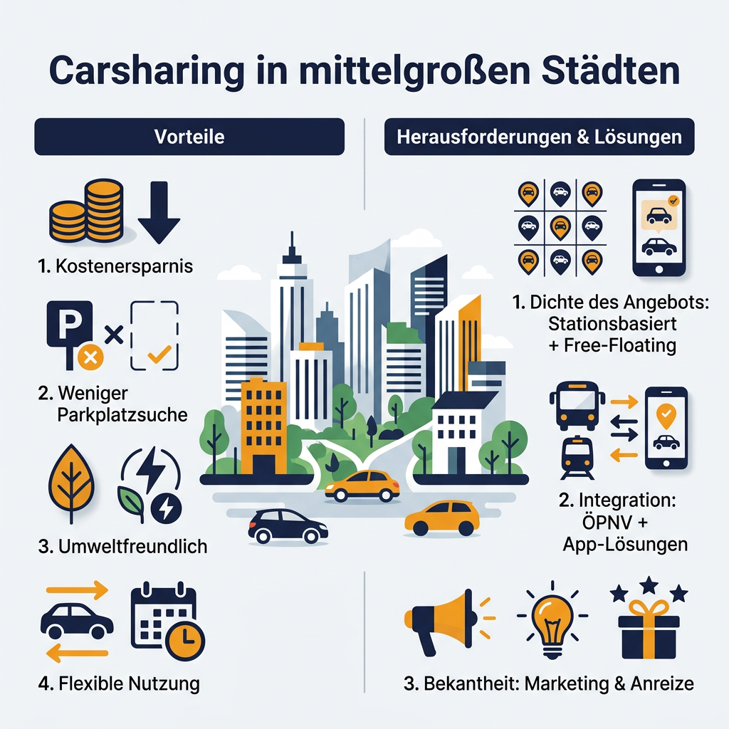 Infografik über die Vorteile und Herausforderungen von Carsharing in mittelgroßen Städten, mit Fokus auf Kostenersparnis, Parkplatzentlastung und umweltfreundliche Mobilität.
