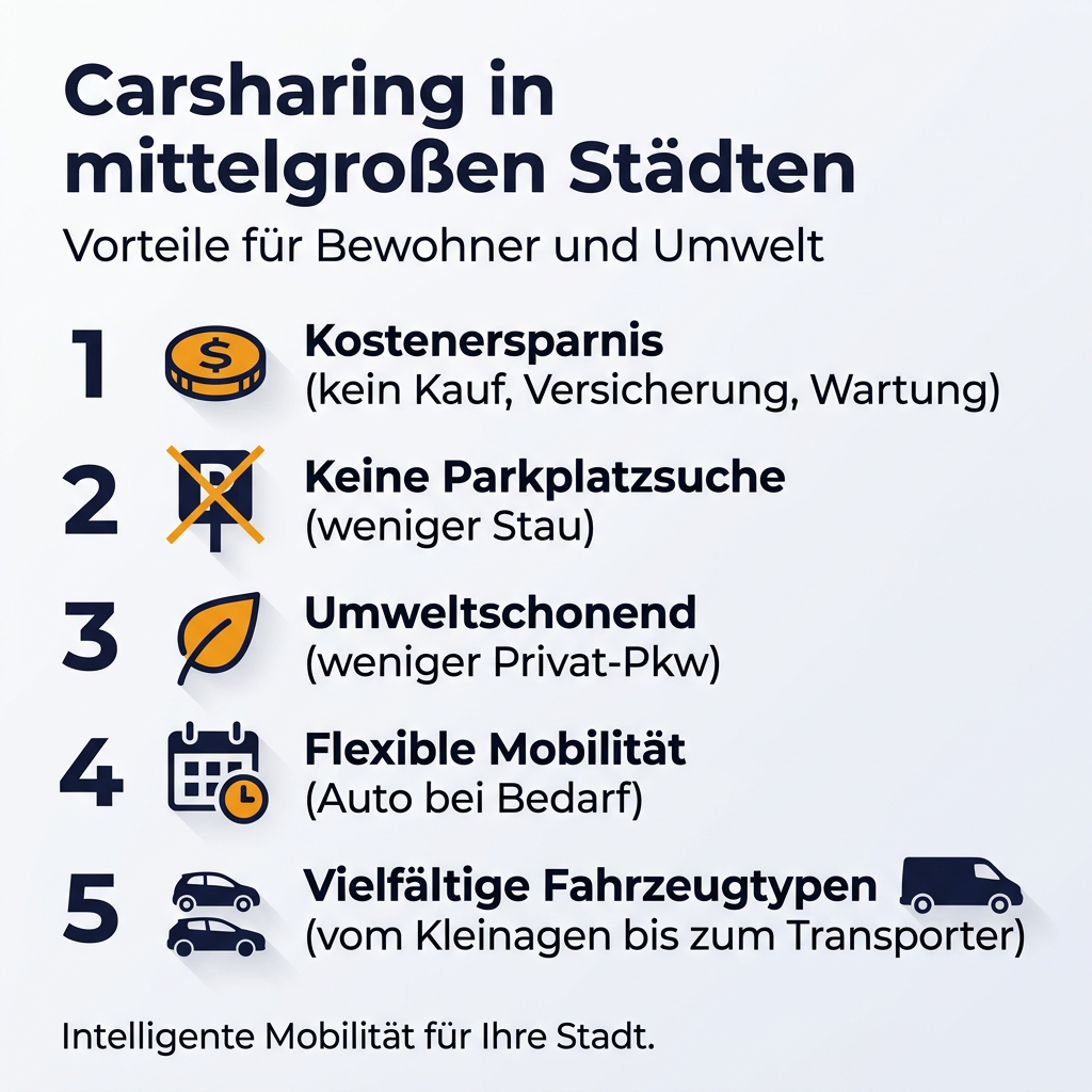 Carsharing Vorteile mittelgroße Städte Infografik Infografik: Vorteile von Carsharing in mittelgroßen Städten, wie Kostenersparnis, weniger Parkplatzsuche, Umweltfreundlichkeit und flexible Mobilität.