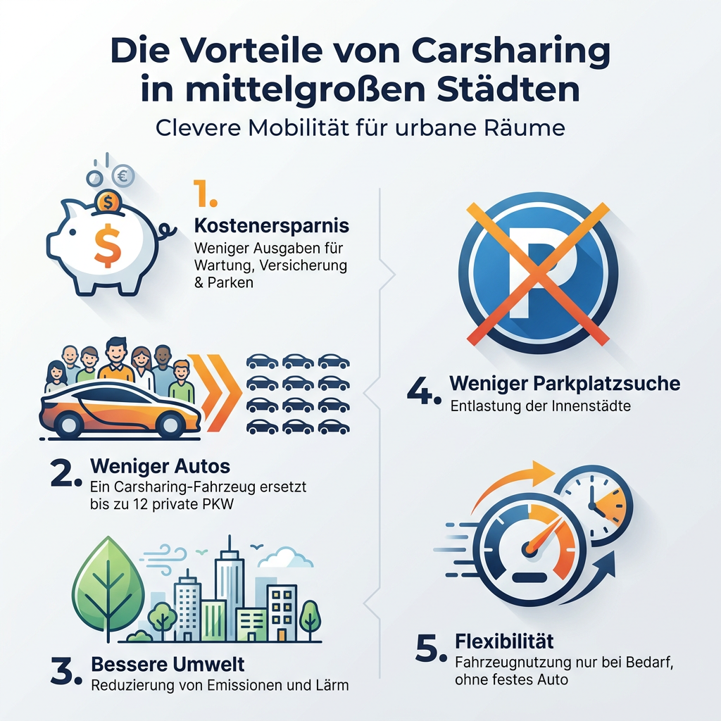 Infografik: Die Vorteile von Carsharing in mittelgroßen Städten, inklusive Kostenersparnis, weniger Autos, besserer Umwelt, weniger Parkplatzsuche und Flexibilität.