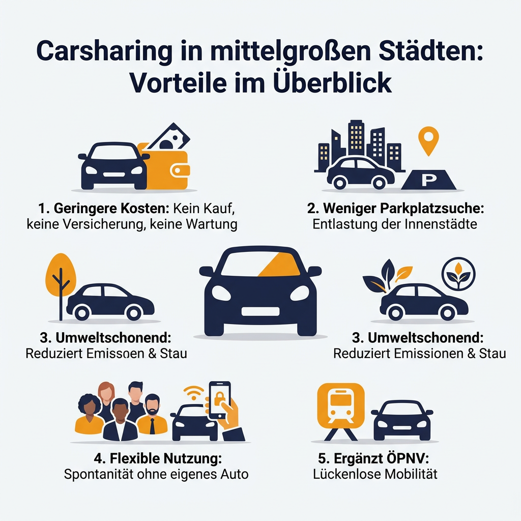 Infografik: Vorteile von Carsharing in mittelgroßen Städten wie geringere Kosten, Entlastung der Parkplatzsuche, Umweltschutz, flexible Nutzung und Ergänzung des ÖPNV.