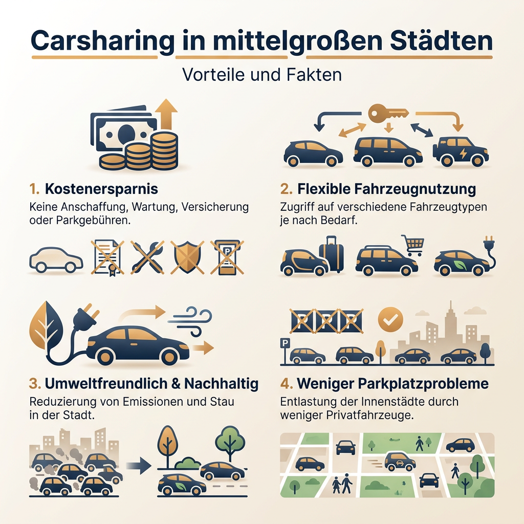 Infografik über die Vorteile von Carsharing in mittelgroßen Städten, illustrierend Kostenersparnis, flexible Fahrzeugnutzung, Umweltfreundlichkeit und weniger Parkplatzprobleme.
