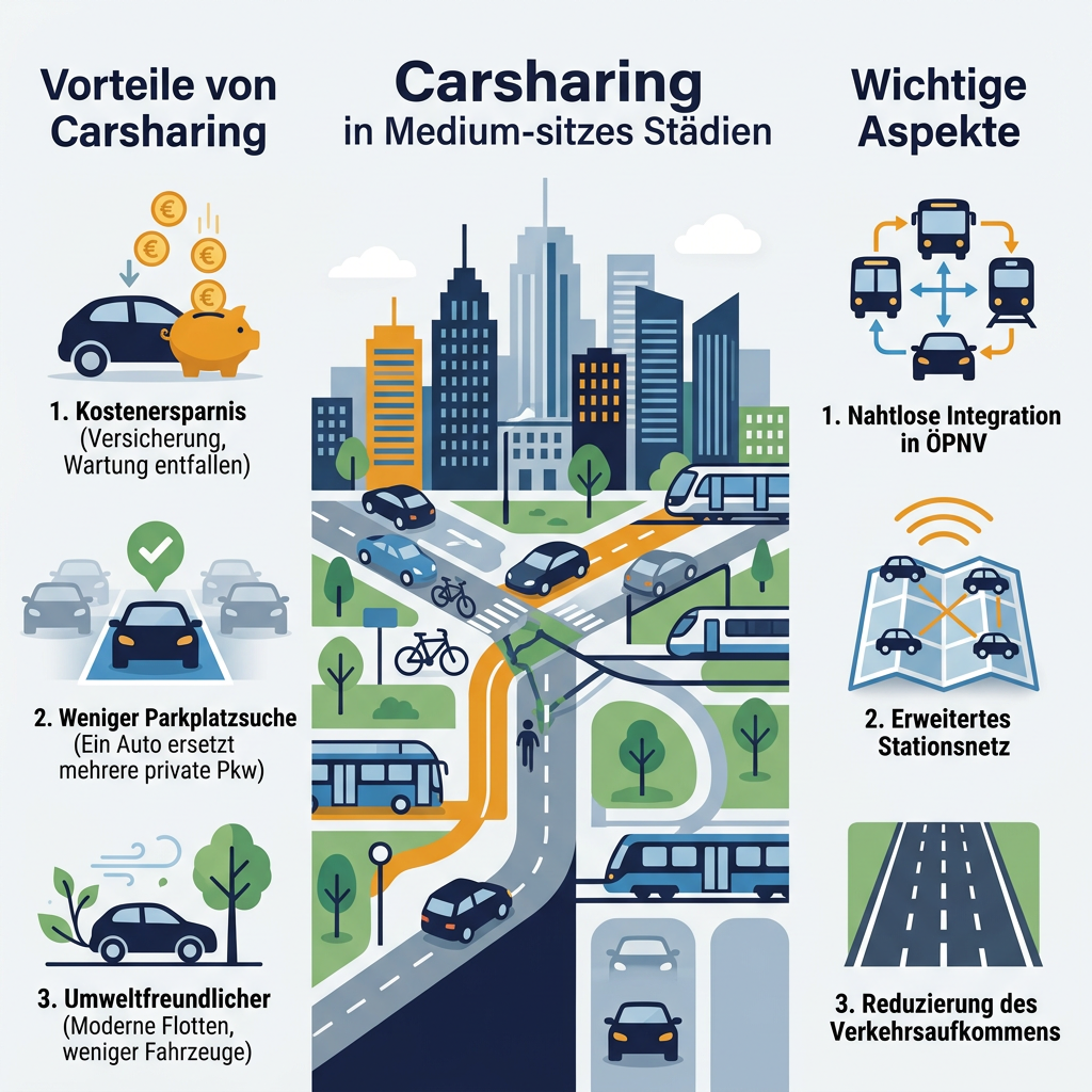 Infografik: Vorteile von Carsharing in mittelgroßen Städten und wichtige Aspekte zur Integration in die urbane Mobilität.
