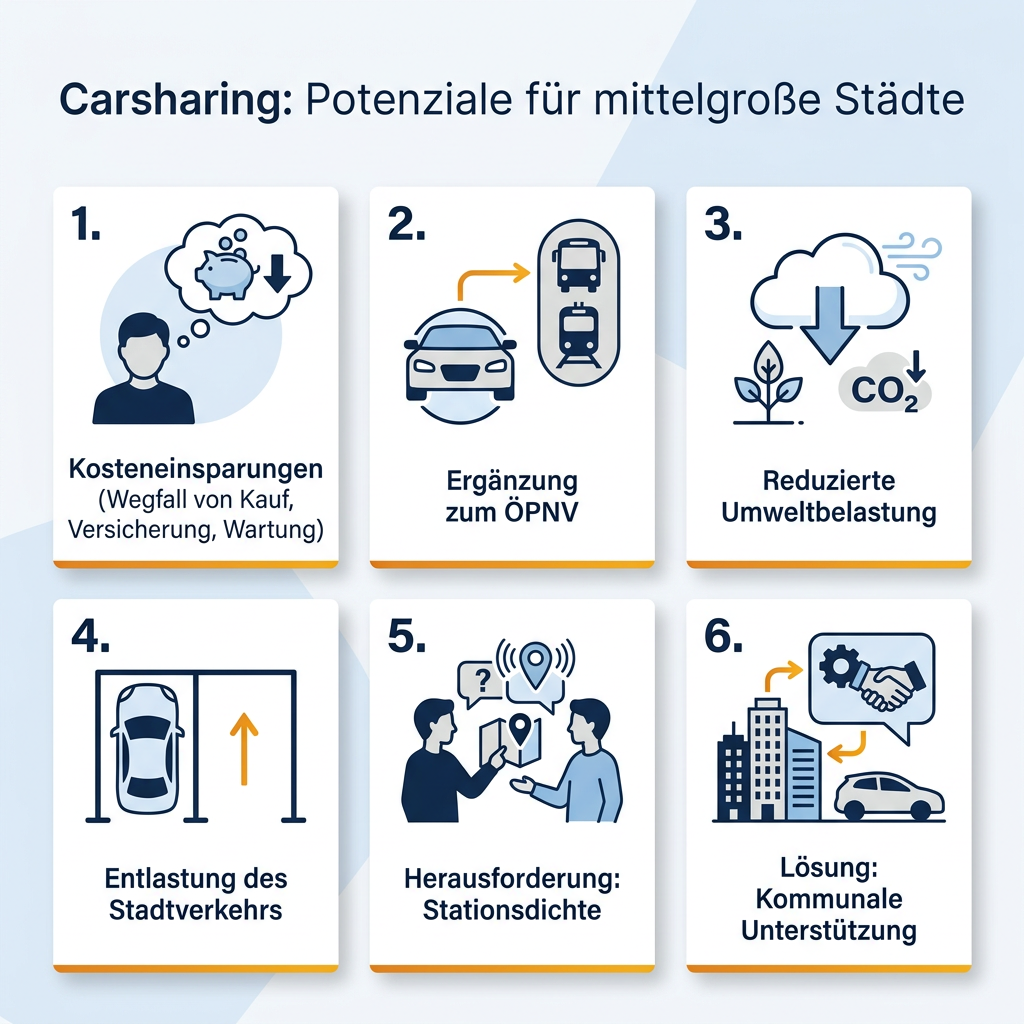 Infografik: Sechs Hauptpotentiale und Herausforderungen von Carsharing in mittelgroßen Städten, darunter Kosteneinsparungen, Ergänzung zum Nahverkehr, Umweltbelastung, Entlastung des Stadtverkehrs, Stationsdichte und kommunale Unterstützung.