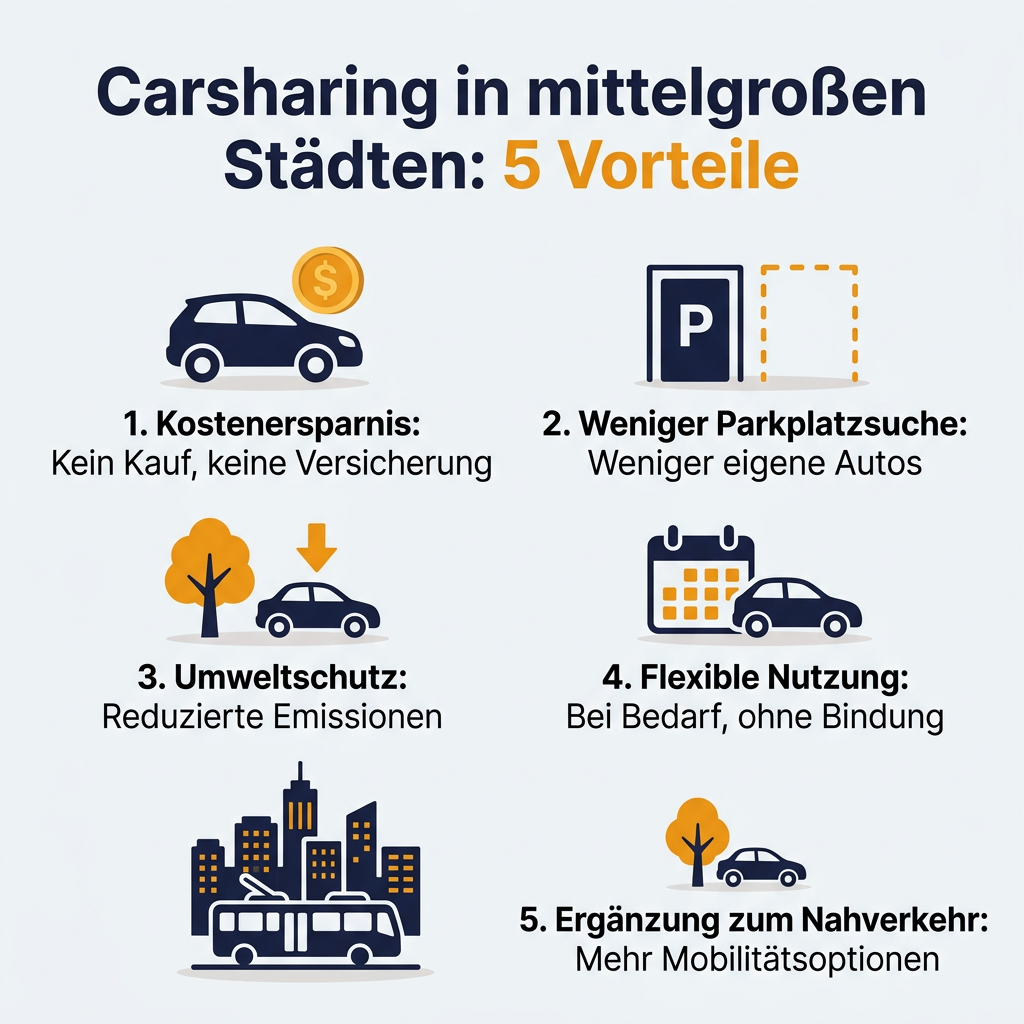 Infografik über die 5 Vorteile von Carsharing in mittelgroßen Städten: Kostenersparnis, weniger Parkplatzsuche, Umweltschutz, flexible Nutzung und Ergänzung zum Nahverkehr.