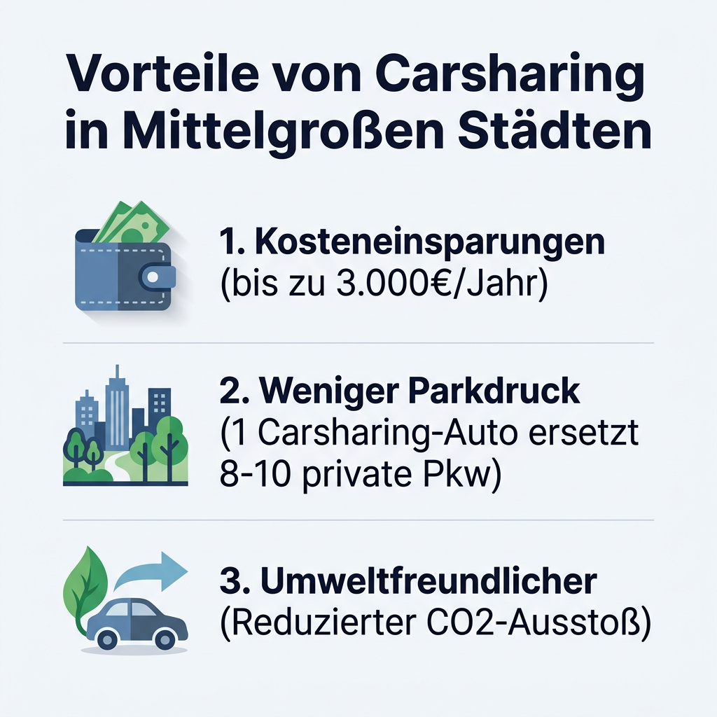 Infografik über die Vorteile von Carsharing in mittelgroßen Städten: Kosteneinsparungen, weniger Parkdruck und Umweltfreundlichkeit als nachhaltige Mobilitätslösung.