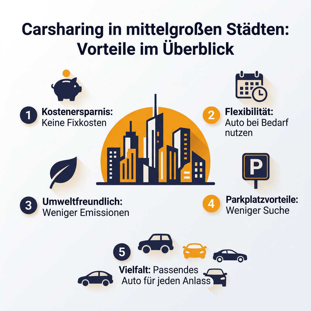Infografik über die Vorteile von Carsharing in mittelgroßen Städten: Kostenersparnis, Flexibilität, Umweltfreundlichkeit, Parkvorteile und Fahrzeugvielfalt.