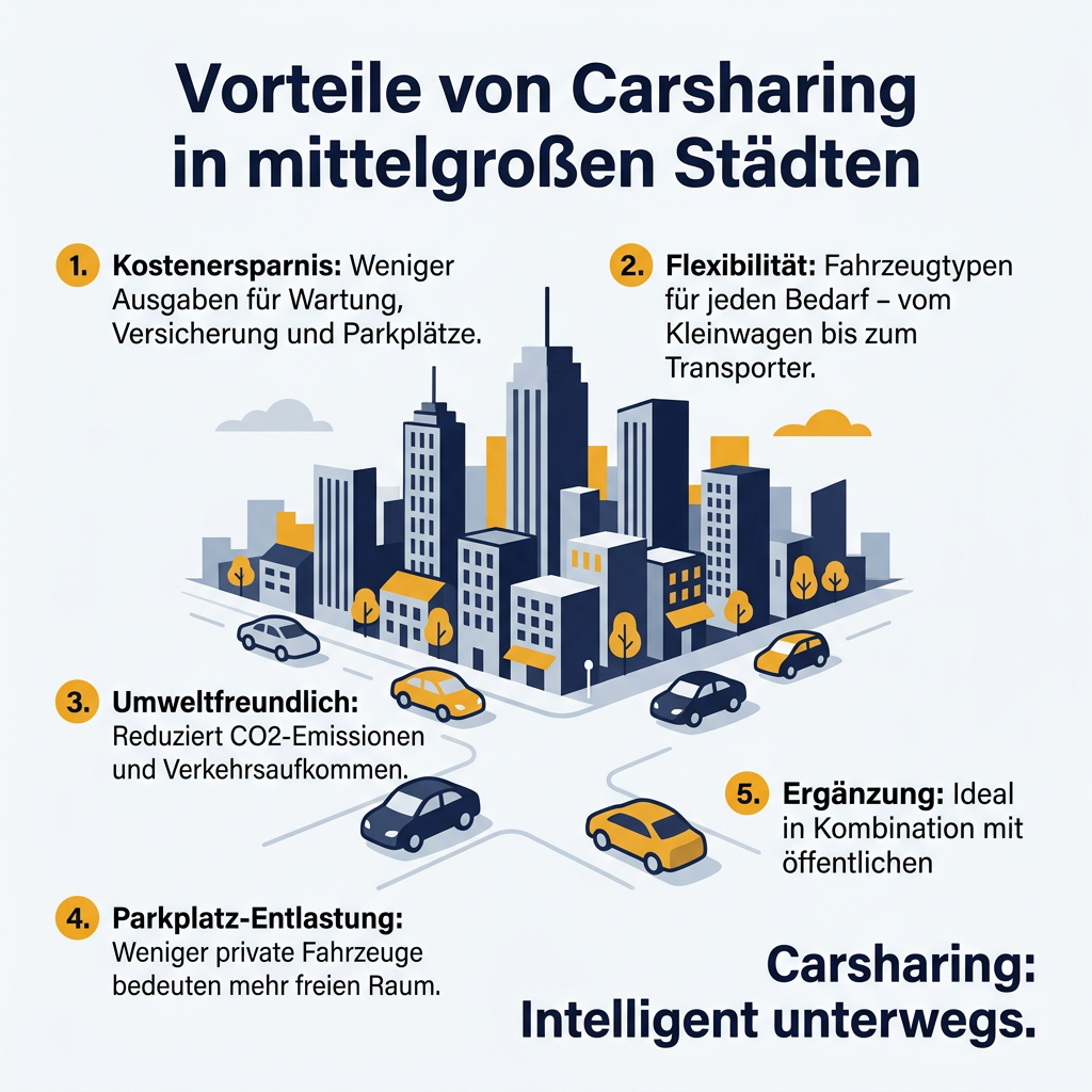 Infografik über die Vorteile von Carsharing in mittelgroßen Städten, wie Kostenersparnis, Flexibilität, Umweltfreundlichkeit und Parkplatzentlastung.