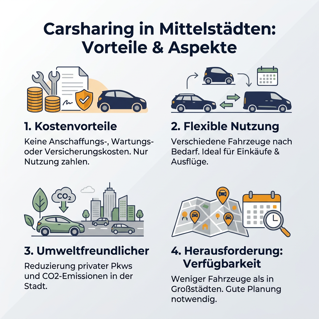 Infografik über die Vorteile und Herausforderungen von Carsharing in mittelgroßen Städten, zeigt Kostenvorteile, flexible Nutzung, Umweltfreundlichkeit und die Herausforderung der Verfügbarkeit.