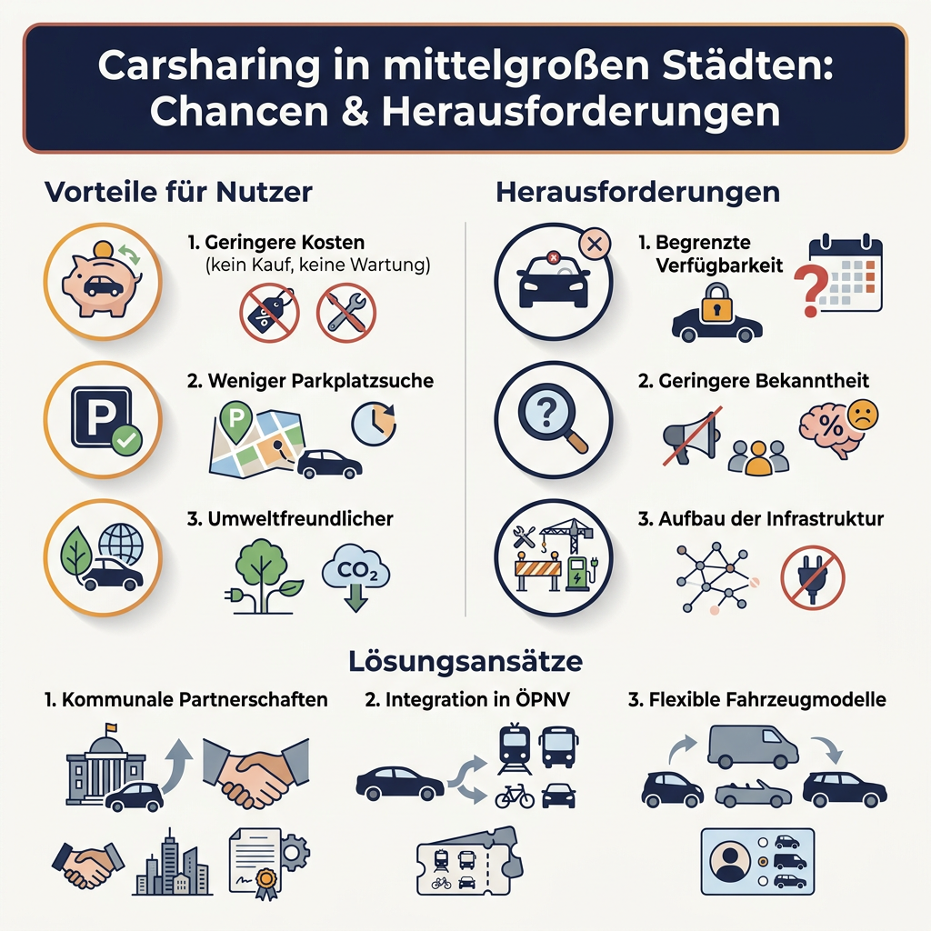 Infografik über die Chancen und Herausforderungen von Carsharing in mittelgroßen Städten, inklusive Vorteilen wie geringere Kosten und weniger Parkplatzsuche sowie Herausforderungen wie begrenzte Verfügbarkeit und Lösungen durch kommunale Partnerschaften.