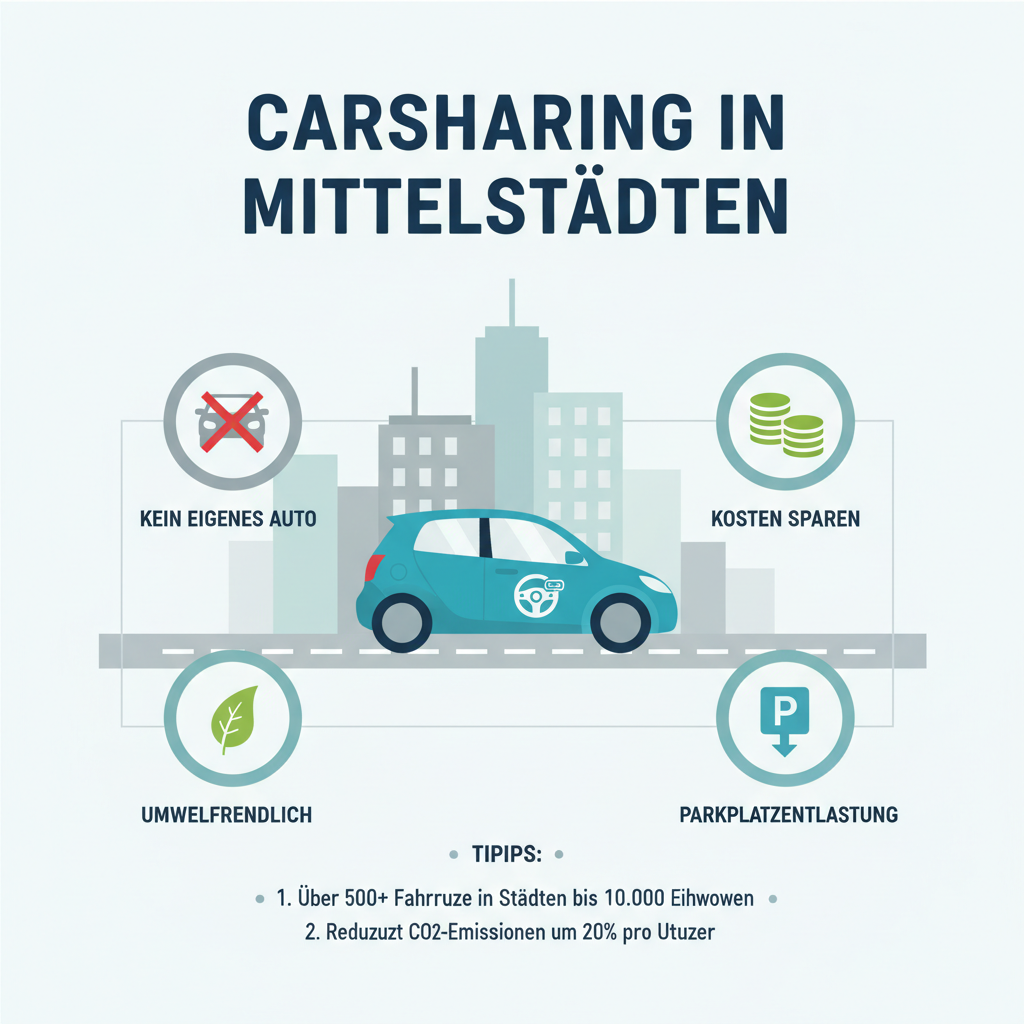 Infografik: Die Vorteile von Carsharing in mittelgroßen Städten. Icons zeigen: kein eigenes Auto nötig, Kosten sparen, Parkplatzentlastung und Umweltfreundlichkeit.