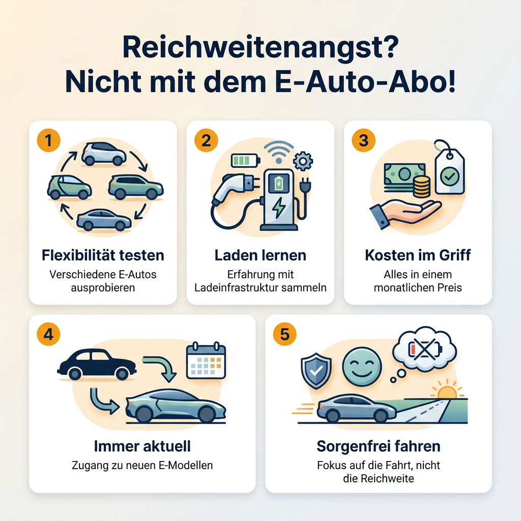 Infografik: Fünf Vorteile eines E-Auto-Abos zur Überwindung der Reichweitenangst, dargestellt mit Icons und kurzen Texten zu Flexibilität, Laden, Kosten, Aktualität und Sorgenfreiheit.