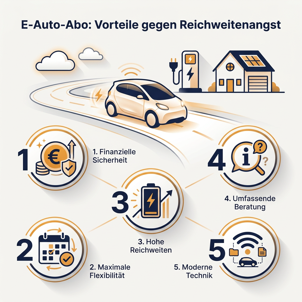Infografik: Vorteile eines E-Auto-Abos zur Lösung der Reichweitenangst mit den Punkten finanzielle Sicherheit, Flexibilität, hohe Reichweiten, Beratung und moderne Technik.