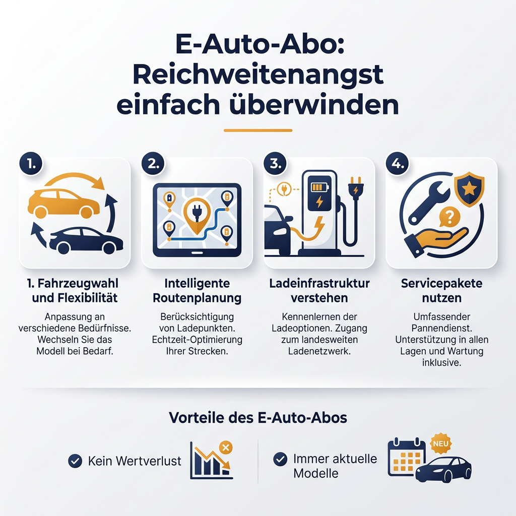 Infografik zum E-Auto-Abo gegen Reichweitenangst mit Tipps zur Fahrzeugwahl, Routenplanung und Ladeinfrastruktur.