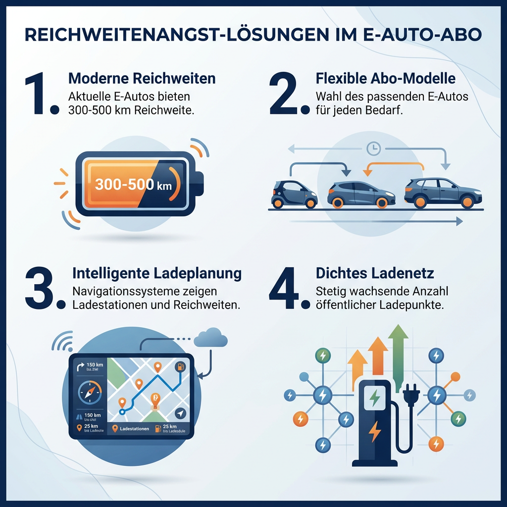 Infografik: Lösungen gegen Reichweitenangst beim E-Auto-Abo mit Fakten zu Modernen Reichweiten, flexiblen Abo-Modellen, intelligenter Ladeplanung und dichtem Ladenetz.