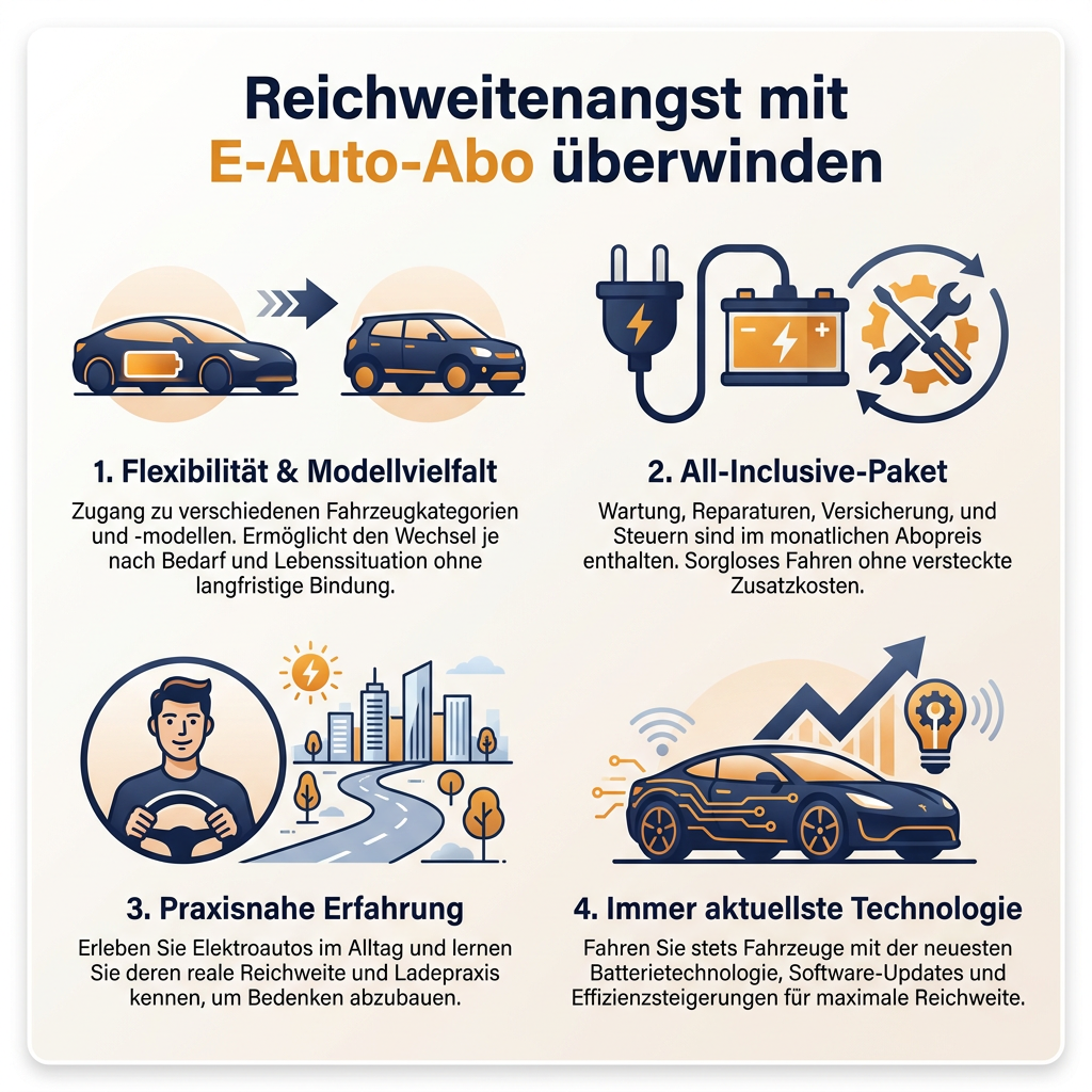 Infografik: Vier Wege, wie ein E-Auto-Abo die Reichweitenangst bei Elektroautos minimiert durch Flexibilität, All-Inclusive-Pakete und technologische Aktualität.