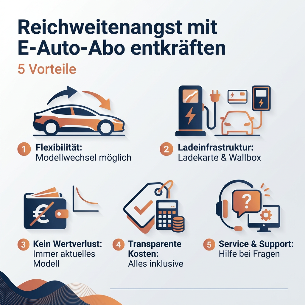Infografik: Die 5 wichtigsten Vorteile eines E-Auto-Abos zur Minderung der Reichweitenangst bei Elektrofahrzeugen. Grafische Darstellung von Flexibilität, Ladeinfrastruktur, Wertverlustschutz, transparenten Kosten und Support.