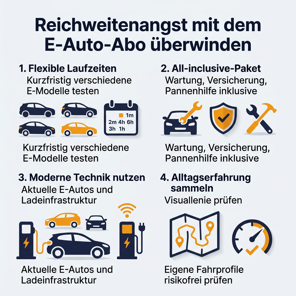 Infografik: Reichweitenangst beim E-Auto-Abo überwinden durch flexible Laufzeiten, All-inclusive-Pakete, moderne Technik und praktische Alltagserfahrung.