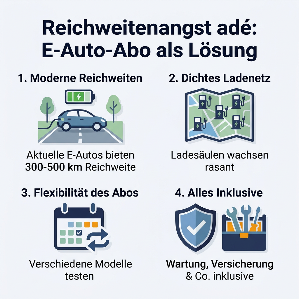 Infografik zum Entkräften der Reichweitenangst beim E-Auto-Abo, mit Hinweisen auf moderne Reichweiten, dichtes Ladenetz, Flexibilität des Abos und Inklusivleistungen.