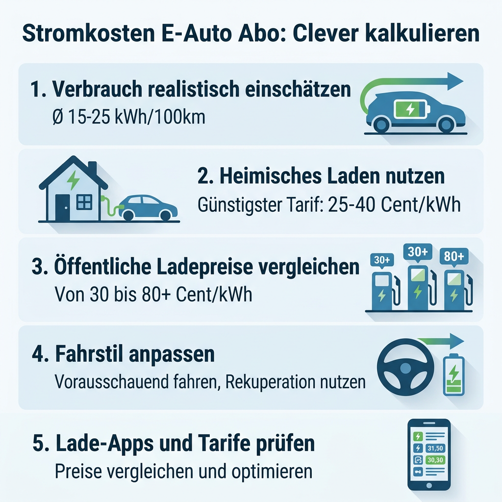 Infografik zur Berechnung der Stromkosten beim E-Auto Abo, mit Tipps zu Verbrauch, Laden zu Hause und öffentlichen Ladepreisen.