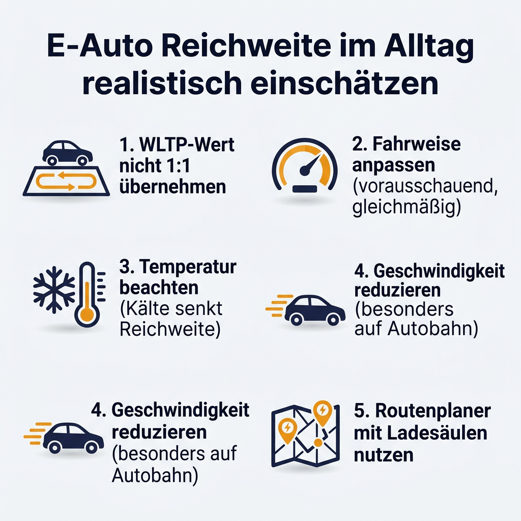 Infografik zur realistischen Einschätzung der E-Auto Reichweite im Alltag, mit Tipps zu WLTP, Fahrweise, Temperatur, Geschwindigkeit und Routenplanung für Elektromobilität.