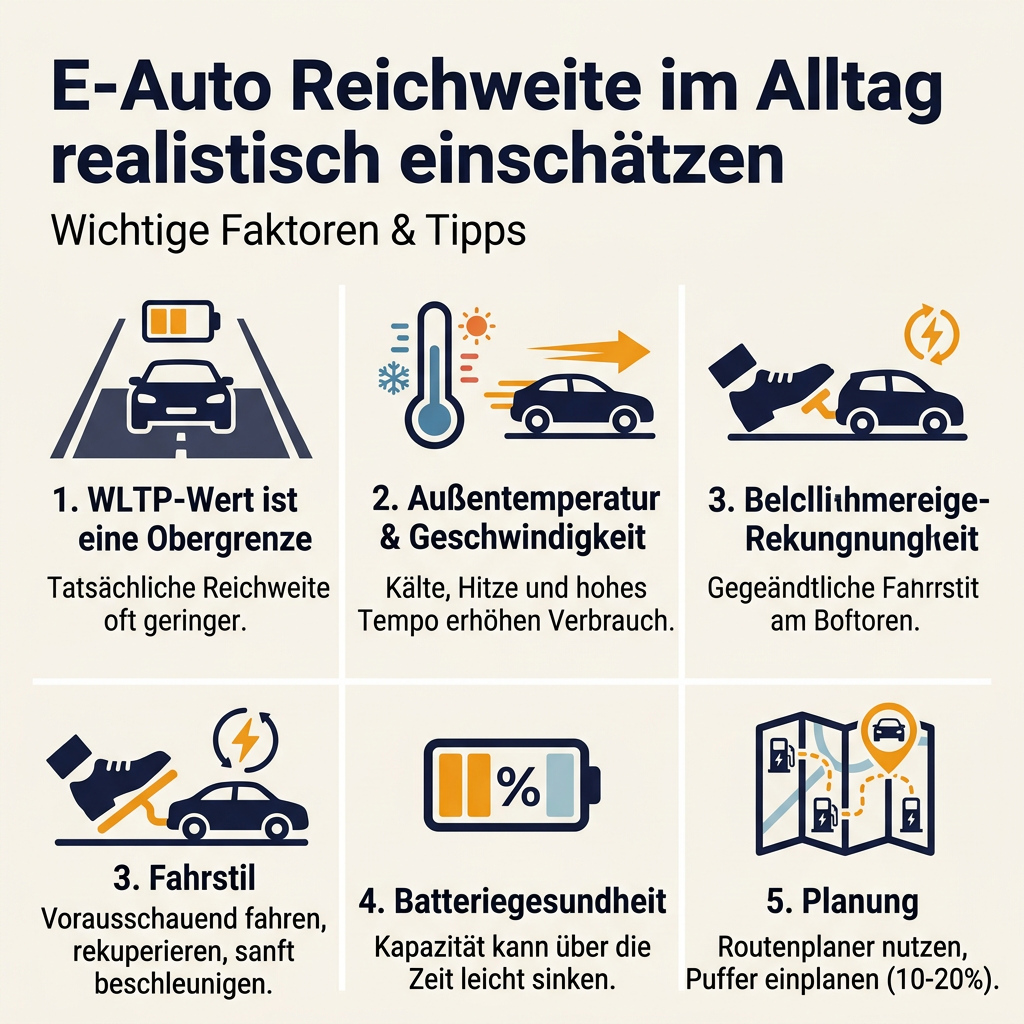 E-Auto Reichweite realistisch einschätzen: Einflussfaktoren Infografik: Faktoren zur realistischen Einschätzung der E-Auto Reichweite im Alltag, inklusive WLTP, Temperatur, Fahrstil und Batteriegesundheit