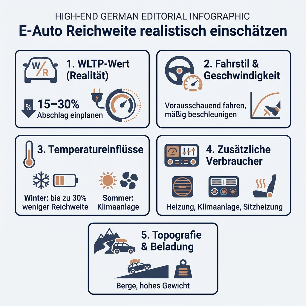 Infografik zur realistischen Einschätzung der E-Auto Reichweite im Alltag, inklusive Faktoren wie WLTP, Fahrstil, Temperatur und Verbraucher.