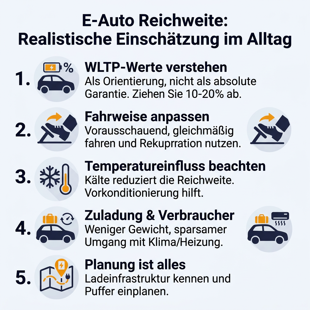 Infografik zur realistischen Einschätzung der E-Auto Reichweite im Alltag mit Tipps zu WLTP, Fahrweise, Temperatur, Zuladung und Planung.