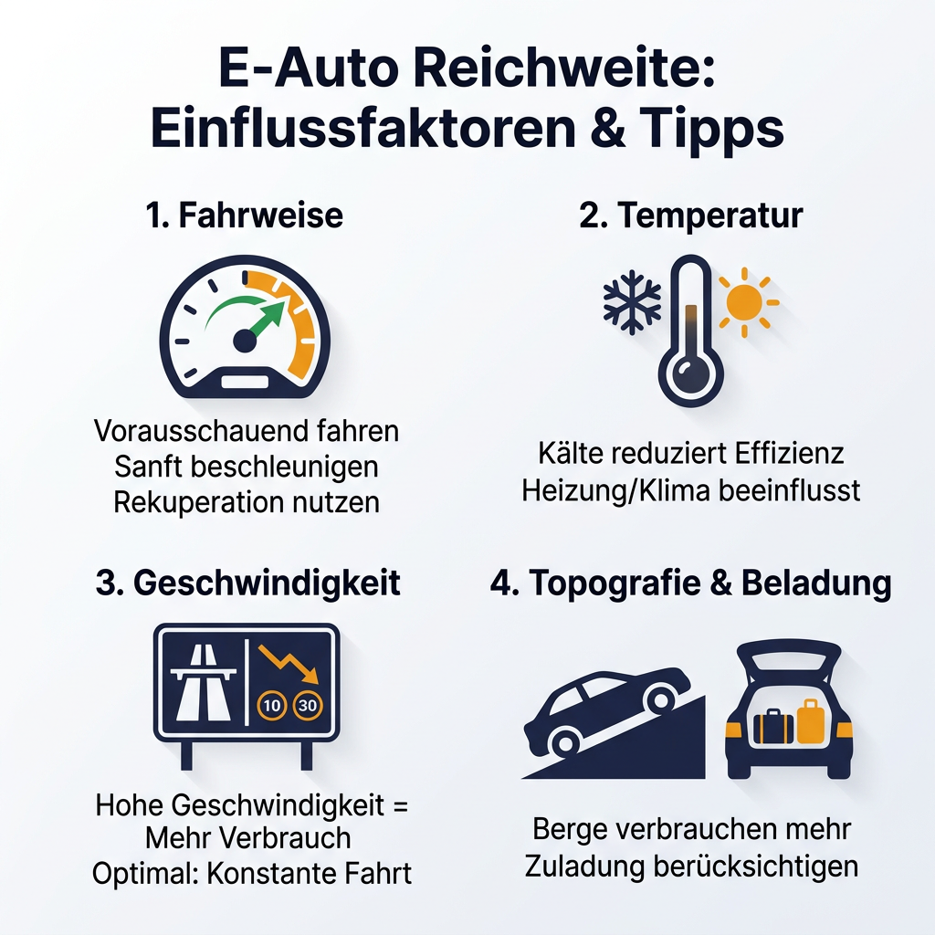 Infografik zur E-Auto Reichweite: Faktoren wie Fahrweise, Temperatur, Geschwindigkeit und Topografie beeinflussen die tatsächliche Reichweite von Elektroautos.