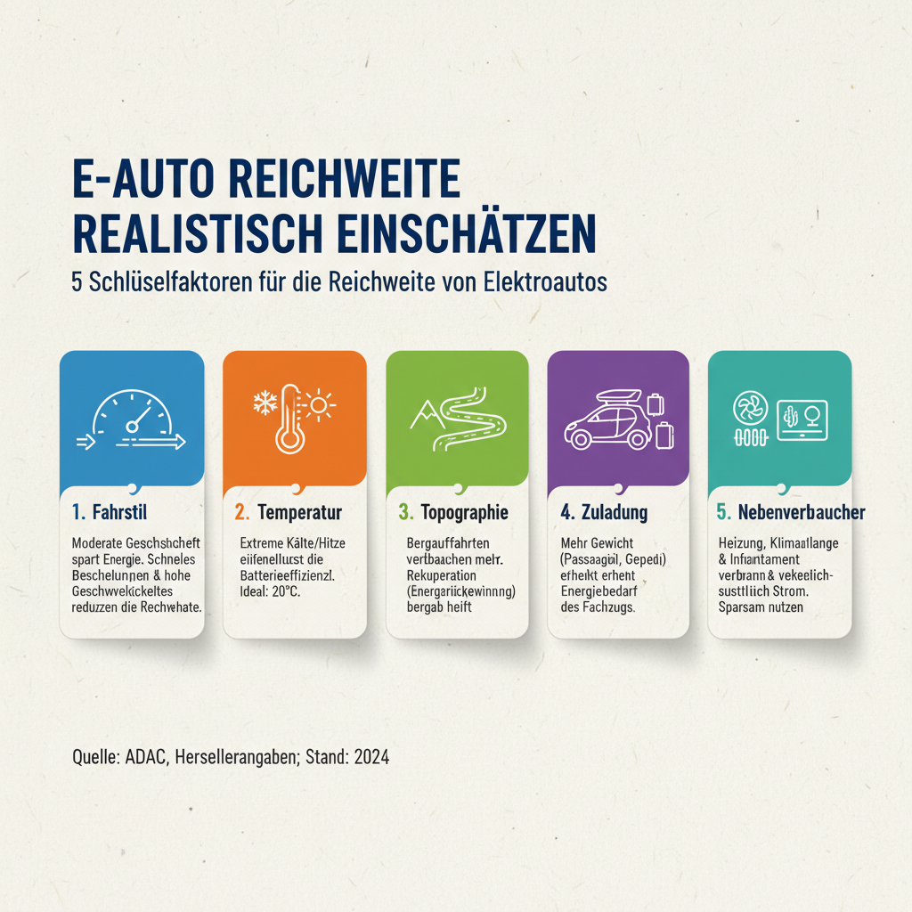 Infografik: E-Auto Reichweite realistisch einschätzen anhand Fahrstil, Temperatur, Topographie, Zuladung und Nebenverbraucher