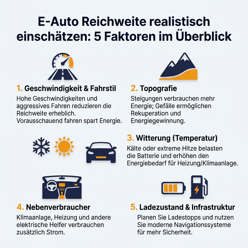 Infografik: E-Auto Reichweite realistisch einschätzen, Einflussfaktoren auf die Elektroauto Reichweite im Alltag