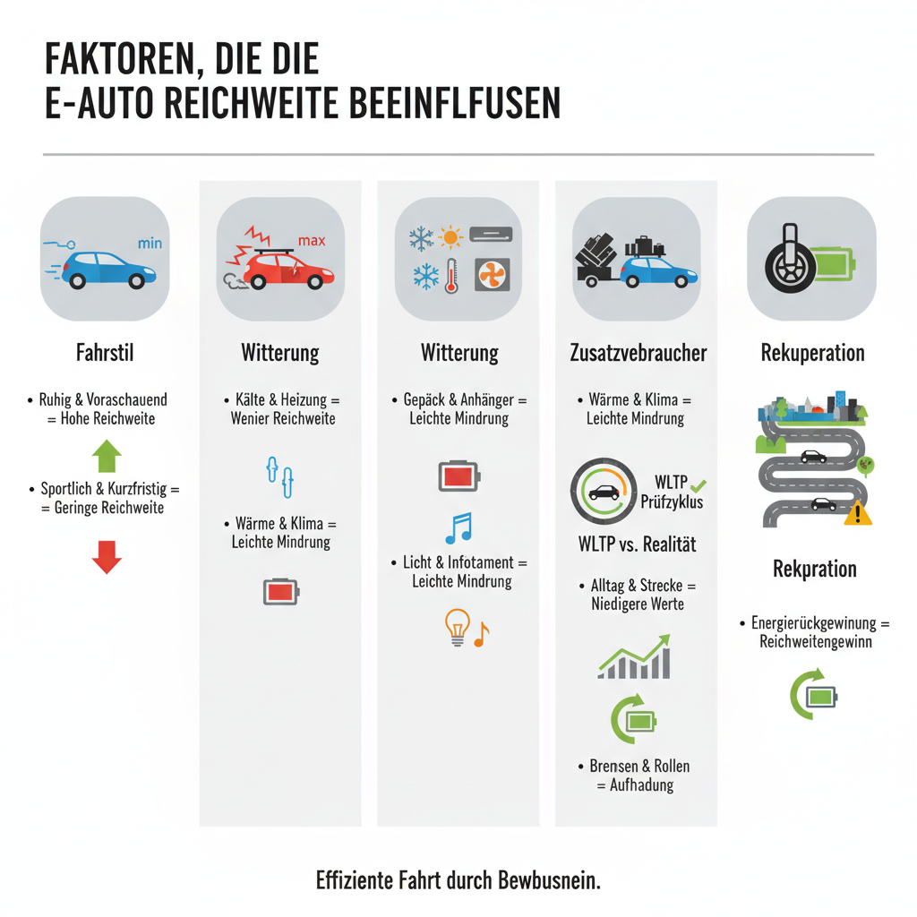 Infografik: Faktoren der E-Auto Reichweite, Fahrstil, Witterung, Zusatzverbraucher, realistische Einschätzung für Deutschland und den Alltag