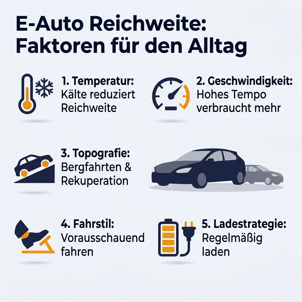 Infografik zu den Einflussfaktoren auf die E-Auto Reichweite im Alltag, inklusive Temperatur, Geschwindigkeit, Topografie, Fahrstil und Ladestrategie.