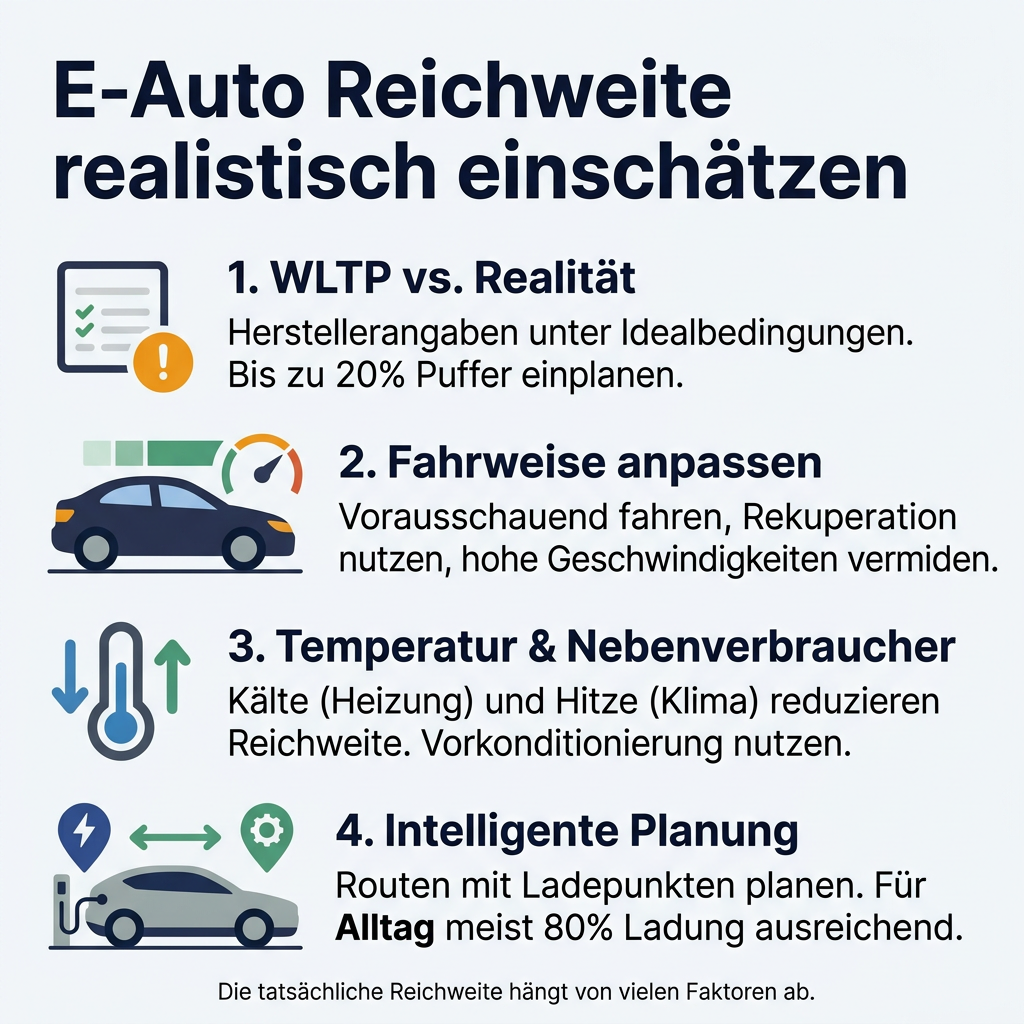 Infografik zur realistischen Einschätzung der E-Auto Reichweite im Alltag, mit Tipps zu WLTP, Fahrweise, Temperatur und Planung.