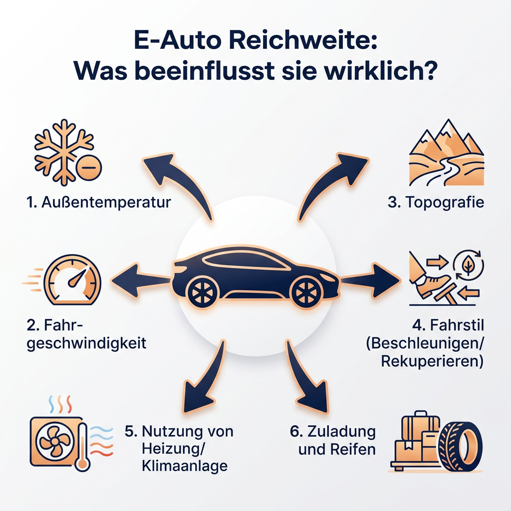 Infografik: Die sechs wichtigsten Faktoren, die die E-Auto Reichweite im Alltag beeinflussen, wie Außentemperatur, Fahrgeschwindigkeit, Topografie und Fahrstil.