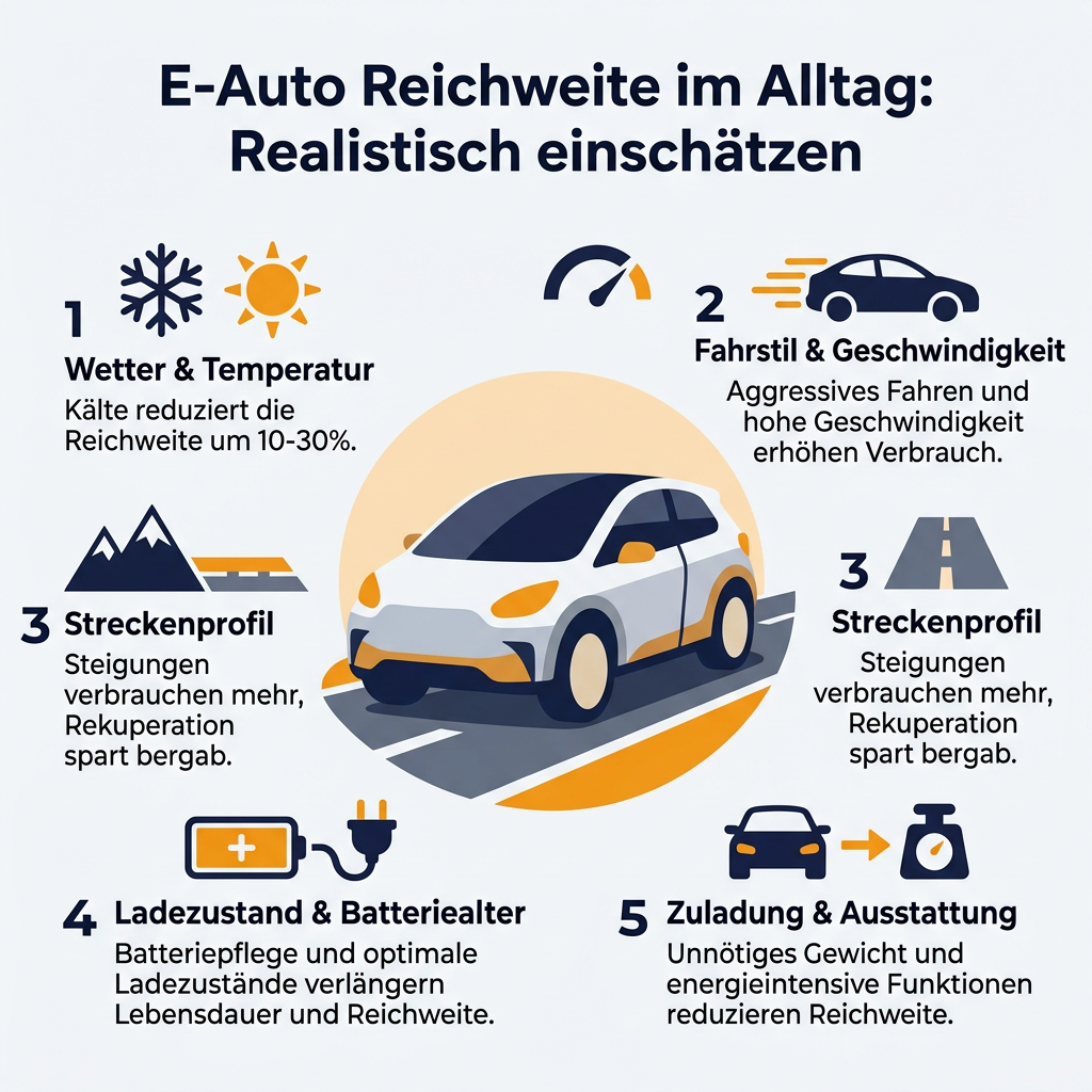 Infografik zur realistischen Einschätzung der E-Auto Reichweite im Alltag. Faktoren wie Temperatur, Fahrstil, Streckenprofil, Ladezustand und Zuladung werden visuell erklärt. Wichtige Tipps zur Reichweitenoptimierung für Elektroautos.