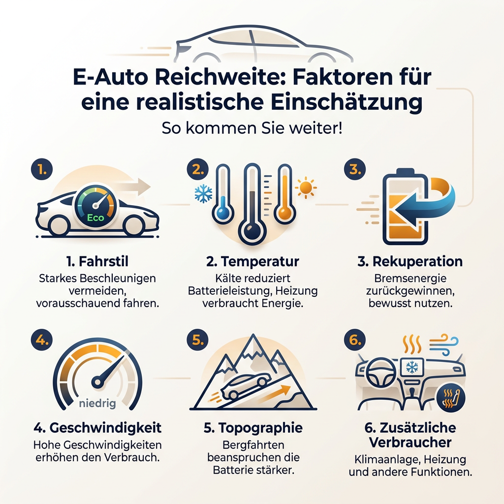 Infografik: Sechs Einflussfaktoren auf die E-Auto Reichweite, darunter Fahrstil, Temperatur, Rekuperation, Geschwindigkeit, Topographie und zusätzliche Verbraucher.