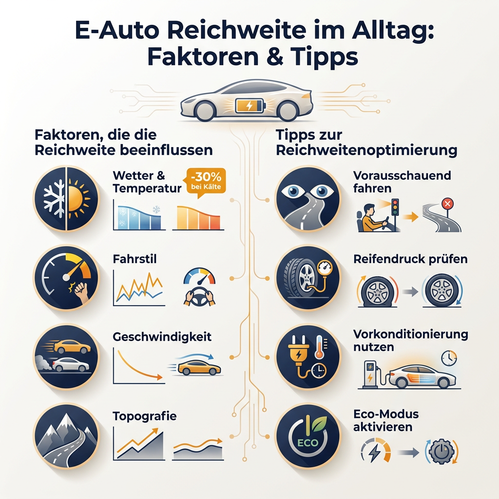 Infografik über Faktoren, die die Reichweite von E-Autos beeinflussen und Tipps zur Optimierung der Elektroauto Reichweite im Alltag.