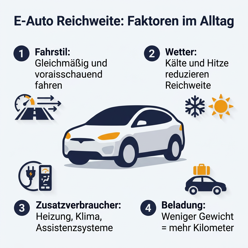 Faktoren zur E-Auto Reichweite im Alltag Infografik zur realistischen Einschätzung der E-Auto Reichweite im Alltag, mit Tipps zu Fahrstil, Wetter, Zusatzverbrauchern und Beladung für eine optimierte Elektroauto-Reichweite.
