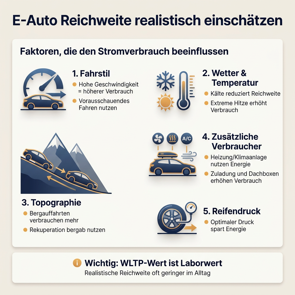 Infografik zur realistischen Einschätzung der E-Auto Reichweite, illustrierend Faktoren wie Fahrstil, Wetter, Topographie und Zusatzausstattung für den Stromverbrauch.