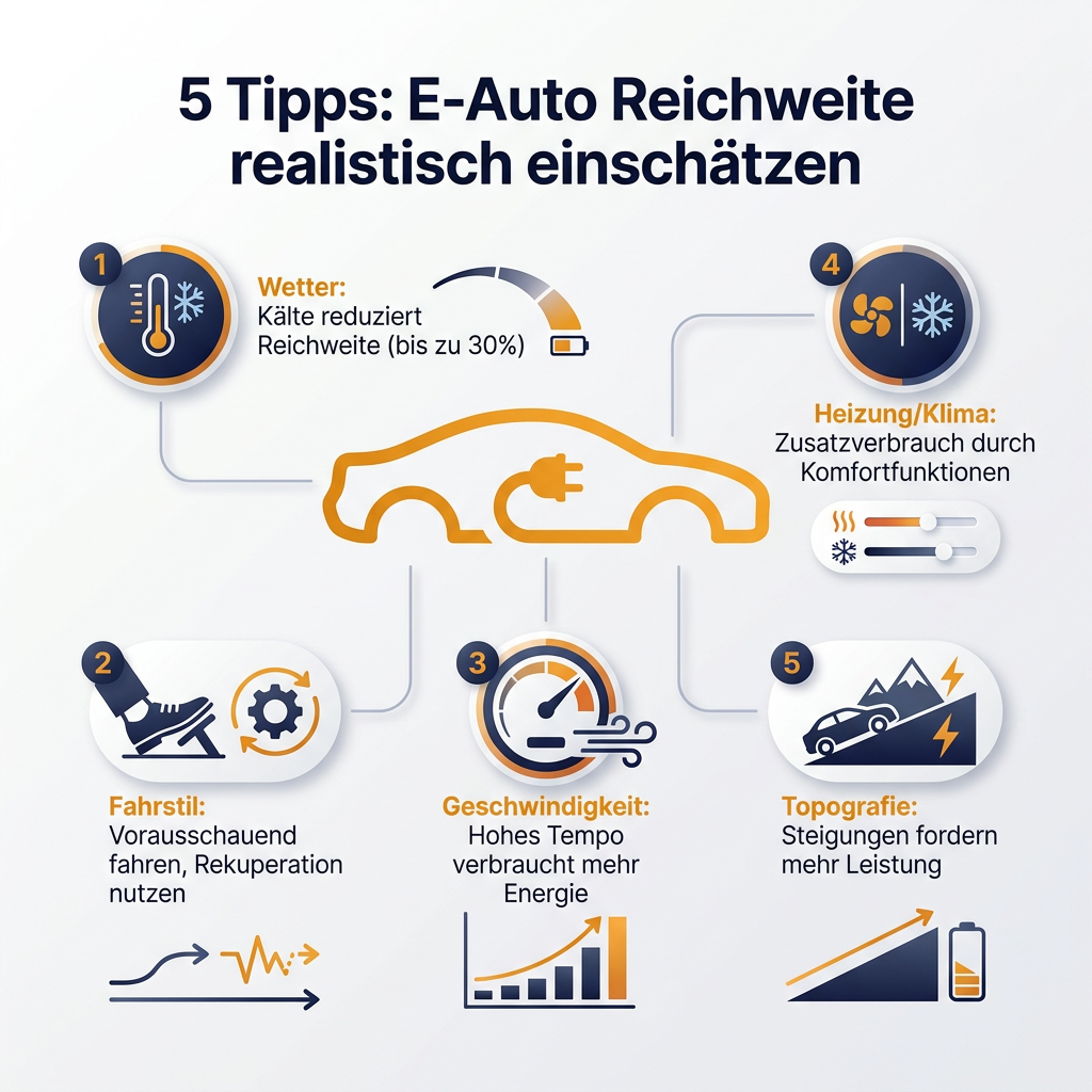 Infografik zur realistischen Einschätzung der E-Auto Reichweite im Alltag, inklusive Tipps zu Wetter, Fahrstil, Geschwindigkeit, Nutzung von Heizung/Klimaanlage und Topografie.