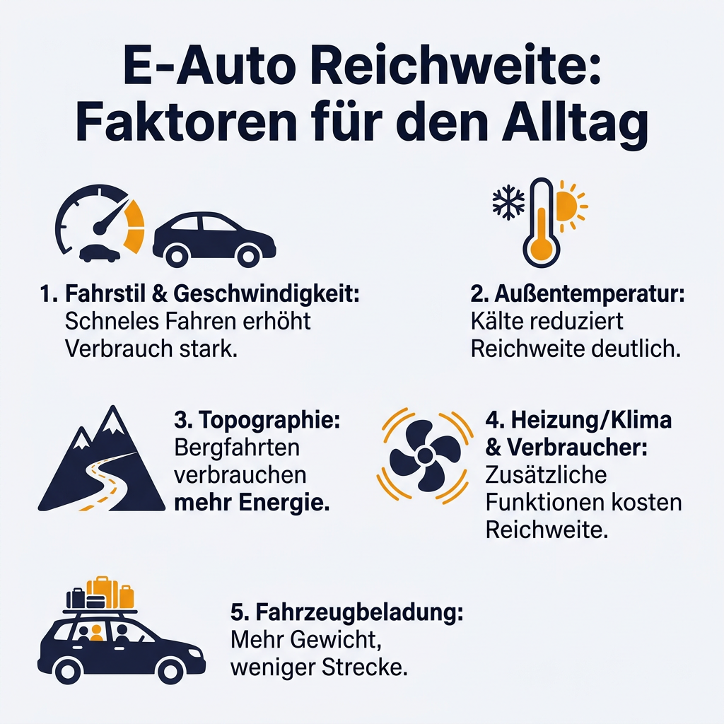 Infografik: Faktoren, die die E-Auto Reichweite im Alltag beeinflussen, darunter Fahrstil, Temperatur, Topographie und Verbraucher.