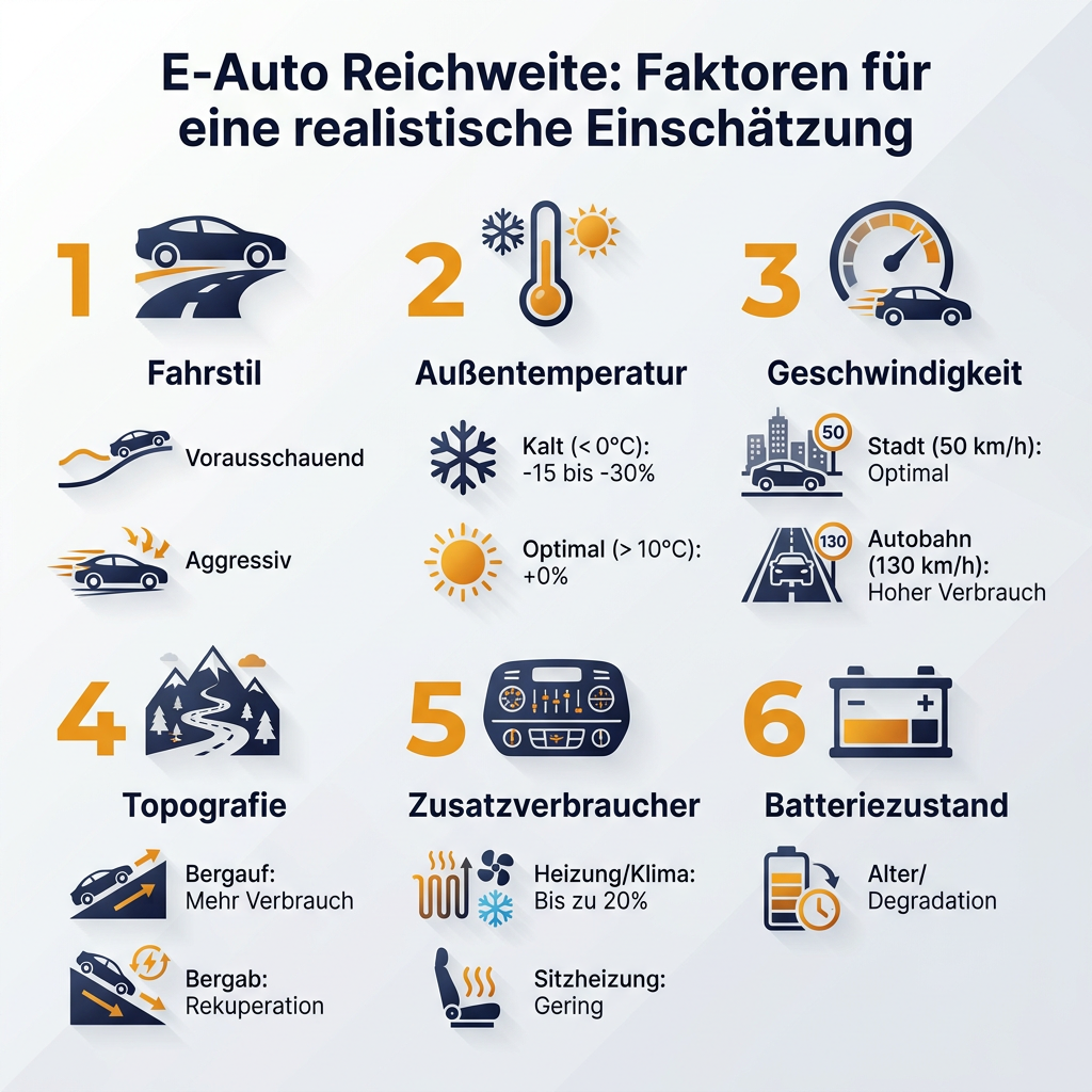 Infografik zur realistischen Einschätzung der E-Auto Reichweite im Alltag, inklusive Faktoren wie Fahrstil, Temperatur und Geschwindigkeit. Eine visuelle Aufschlüsselung der Einflussgrößen auf die Elektroauto Reichweite.